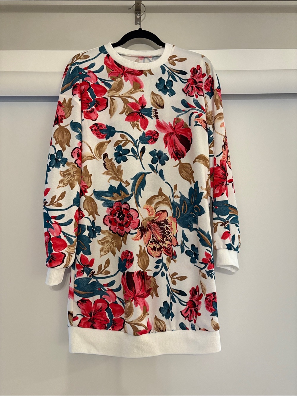 SHEIN White Crewneck Sweater with Pink, Teal & Brown Floral Print